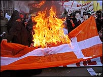 Protesters burn a Danish flag in Pakistan in February